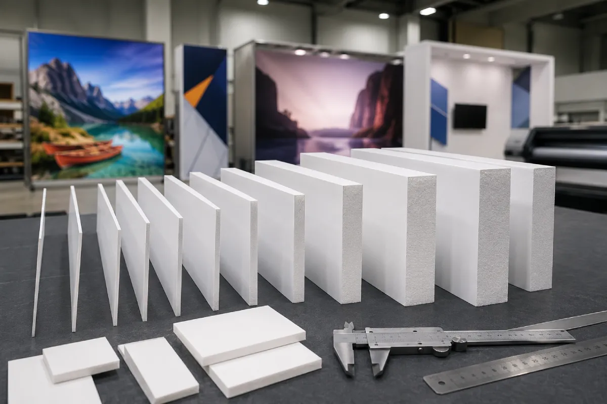 Panduan cara memilih ketebalan PVC Foam Board untuk printing, signage, display, booth, dan panel dekorasi berdasarkan ukuran serta sistem pemasangan.