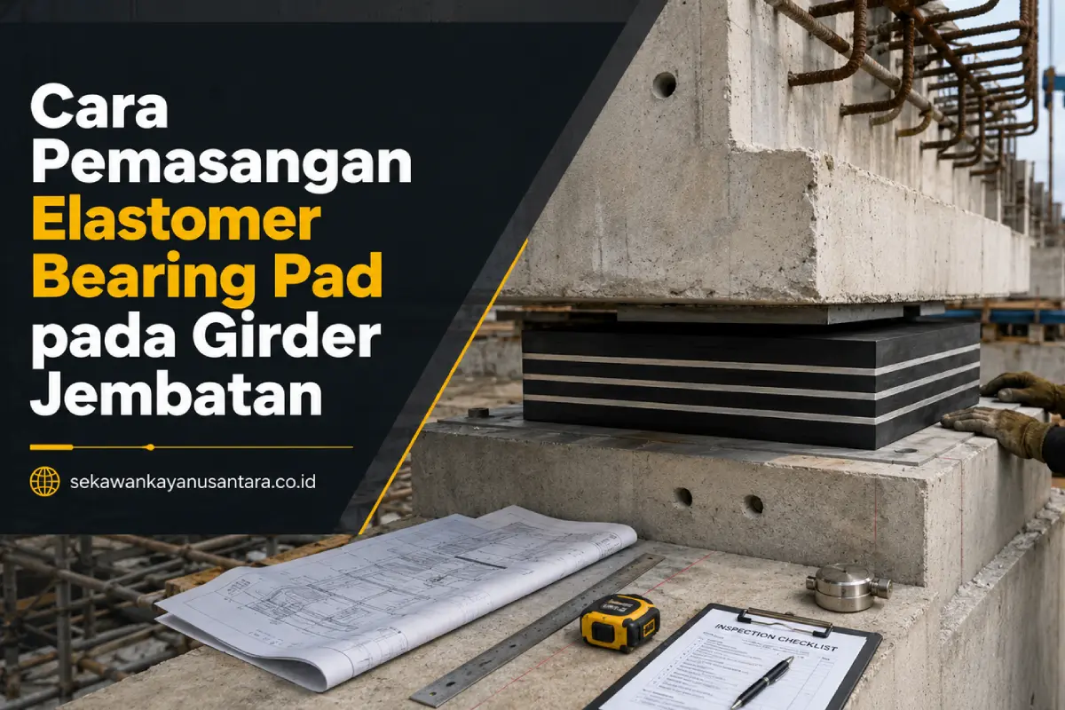 Cara pemasangan elastomer bearing pad pada girder jembatan di atas bearing seat sesuai posisi dan gambar kerja proyek.