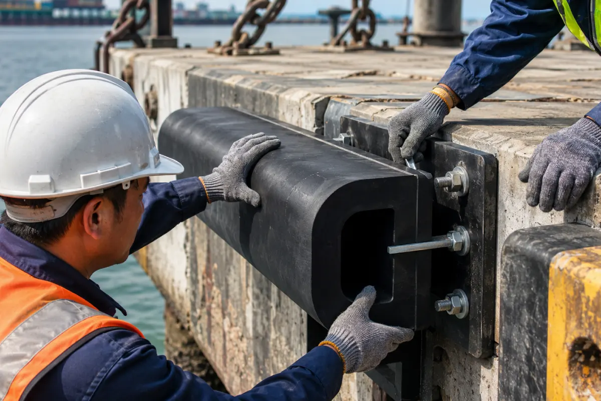 Cara pemasangan Rubber Fender Type D pada dermaga menggunakan anchor bolt