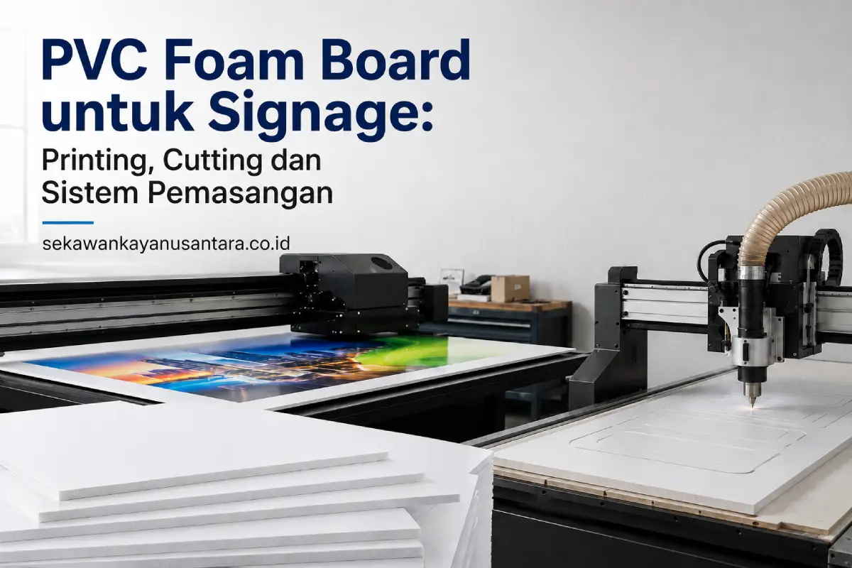PVC Foam Board untuk signage dengan proses printing, cutting CNC dan sistem fabrikasi di workshop advertising