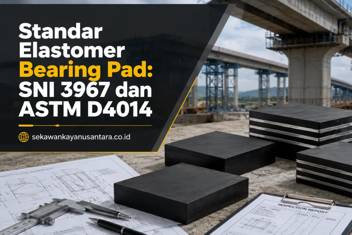 Standar elastomer bearing pad SNI 3967 dan ASTM D4014 untuk pengujian serta kontrol kualitas bearing pad jembatan.